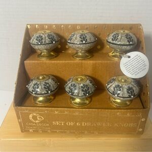 NEW Casa Decor Ceramic Drawer Knobs Set of 6 Floral Gold Tone Accents